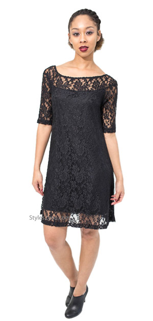 Adrian half sleeve lined all lace evening dress in black