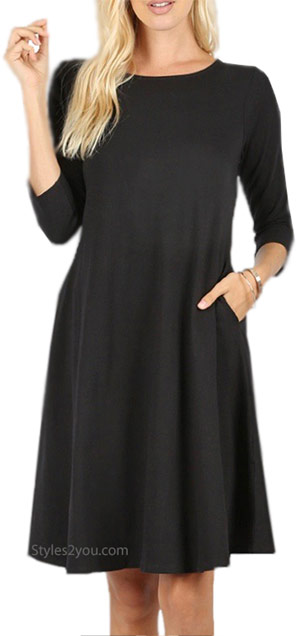 Dayna 3/4 sleeve cotton dress with pocket in black