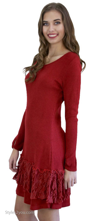 Margaret sweater dress extender with lace trim in dark red