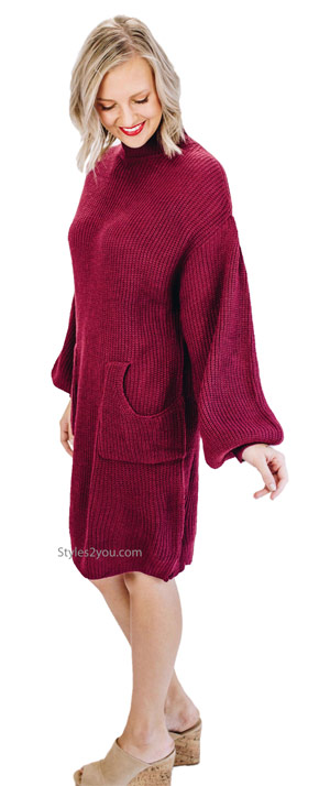 Mateo cozy mock neck sweater knit dress with pockets in plum