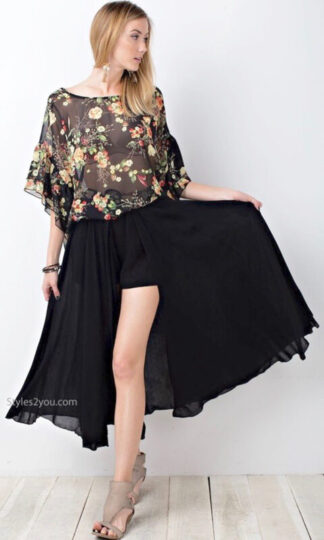 Rochelle Ladies Maxi Skirt With Shorts Adjustable Waist in Black